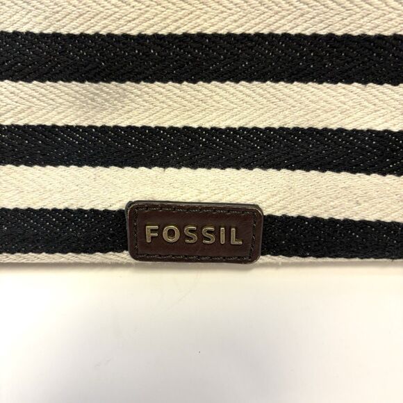 Fossil Jenna Tote Black White Striped Large Zippered Tote Bag Double Handle 12x9 - Picture 10 of 10